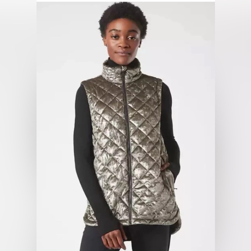 Athleta Whisper Metallic Velvet Vest SIZE XS  Coffee House Brown Featherless
